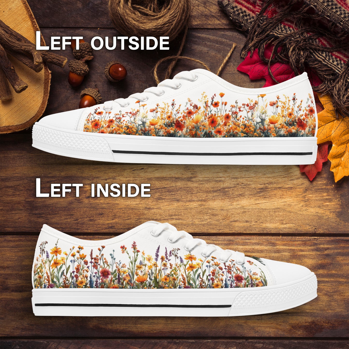 Autumn Flowers Womens Low Top Sneakers - Fall Floral Canvas Shoes with Memory Foam Insole, Botanical Print, Comfortable Casual Gift for Her