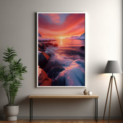 Arctic Sunset Landscape - Pink & Orange Nordic Coastal Wall Art