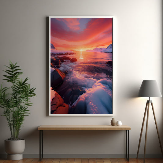 Arctic Sunset Landscape - Pink & Orange Nordic Coastal Wall Art