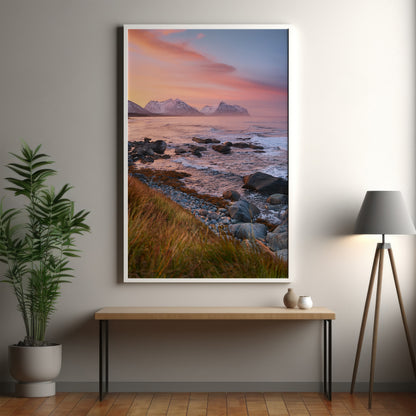 Nordic Coastal Sunset – Pink Sky Seascape, Mountain Ocean Wall Art
