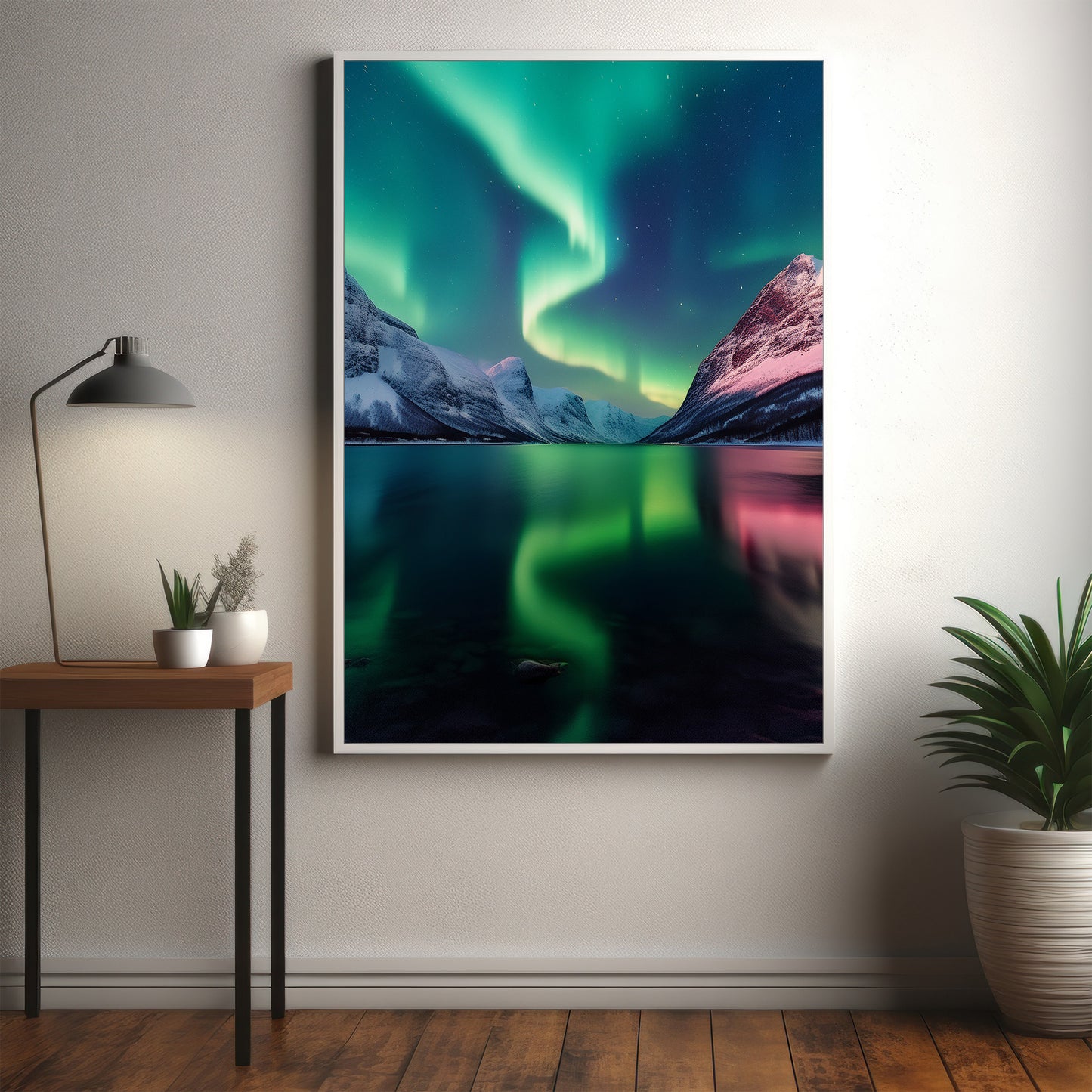 Nordische Aurora Borealis – Nordlichter über schneebedeckten Bergen Wandkunst