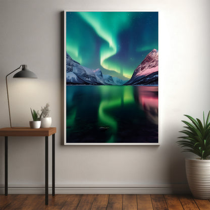 Nordische Aurora Borealis – Nordlichter über schneebedeckten Bergen Wandkunst
