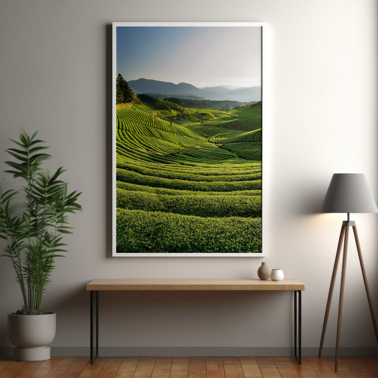 Japanese Tea Field Terraces – Green Minimal Landscape, Zen Rolling Hills