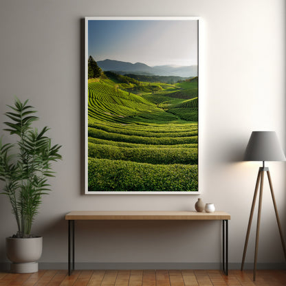 Japanese Tea Field Terraces – Green Minimal Landscape, Zen Rolling Hills