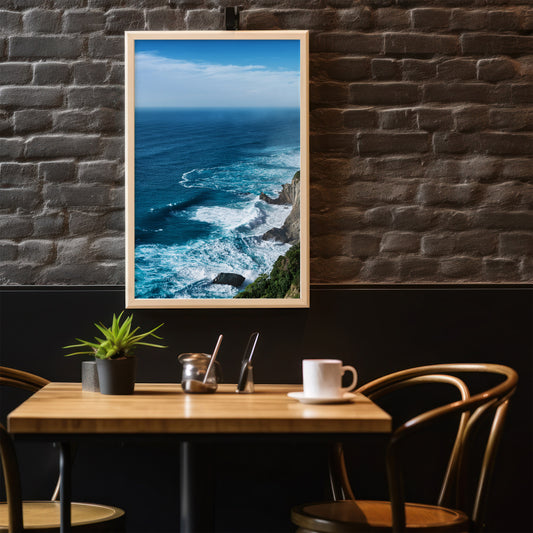 Coastal Cliff Ocean Blue Seascape Wall Art, Turquoise Waves & Rugged Shore