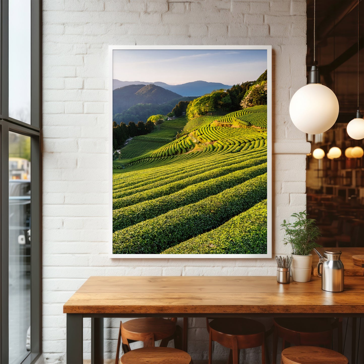 Japanese Tea Field Terraces – Green Minimal Landscape, Zen Rolling Hills
