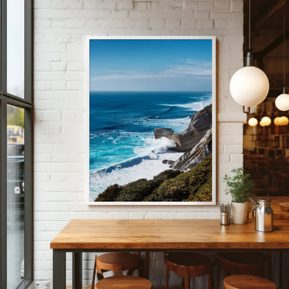 Coastal Cliff Ocean Blue Seascape Wall Art, Turquoise Waves & Rugged Shore