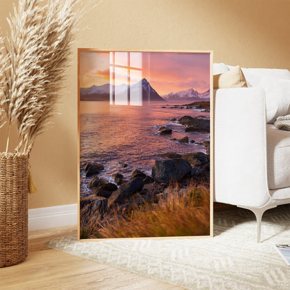 Nordic Coastal Sunset – Pink Sky Seascape, Mountain Ocean Wall Art
