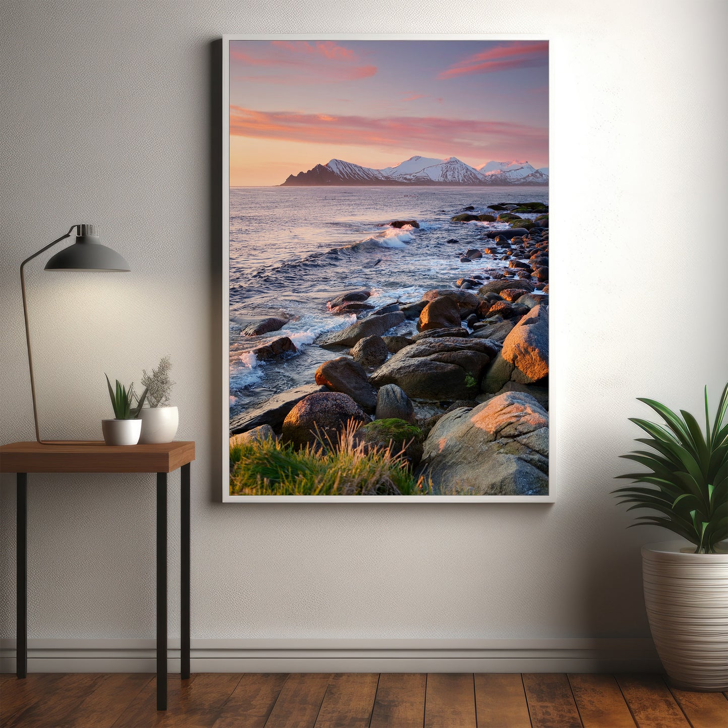 Nordic Coastal Sunset – Pink Sky Seascape, Mountain Ocean Wall Art