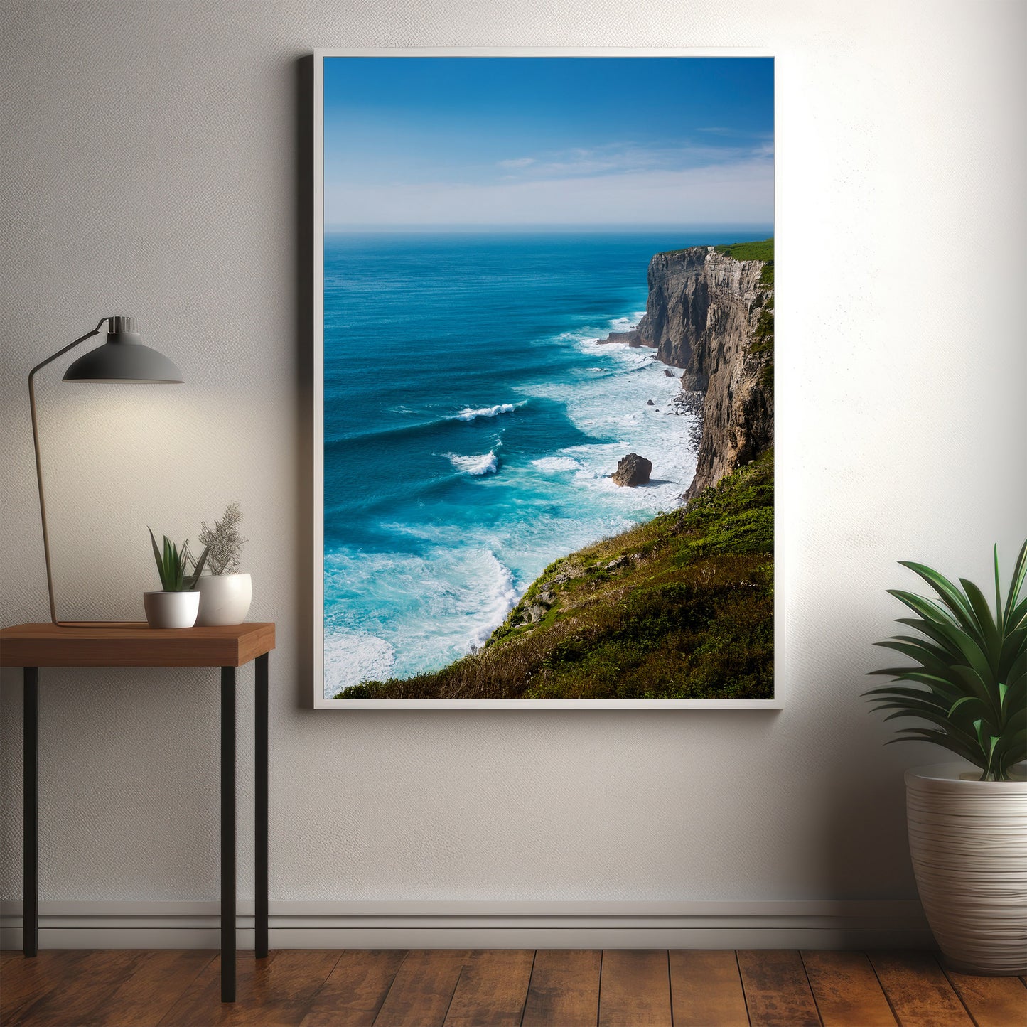 Coastal Cliff Ocean Blue Seascape Wall Art, Turquoise Waves & Rugged Shore