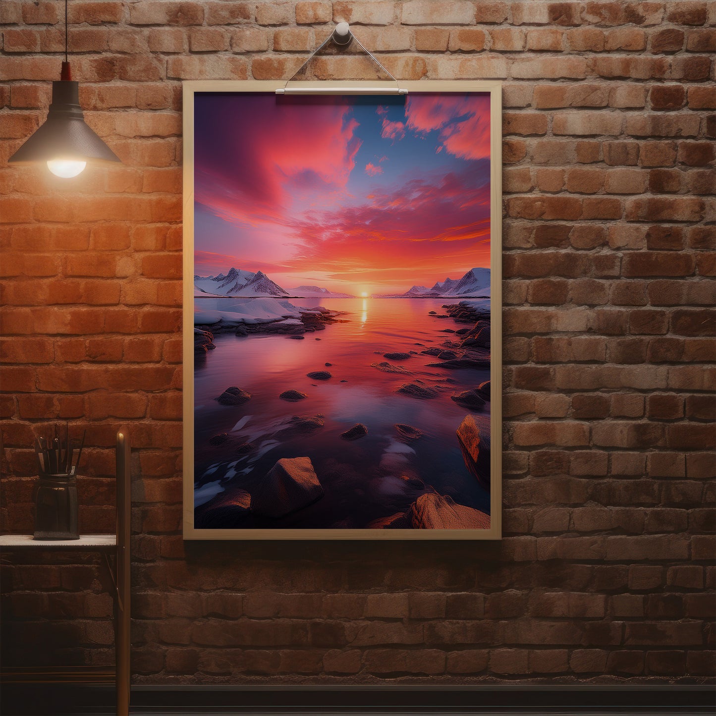 Arctic Sunset Landscape - Pink & Orange Nordic Coastal Wall Art