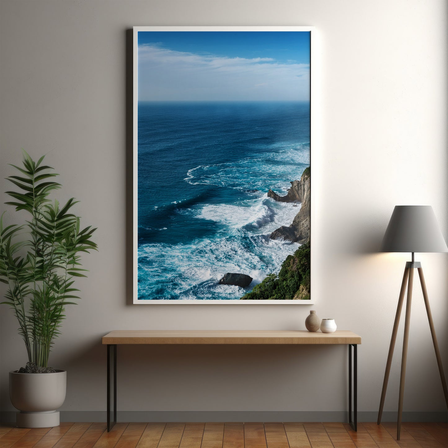 Coastal Cliff Ocean Blue Seascape Wall Art, Turquoise Waves & Rugged Shore