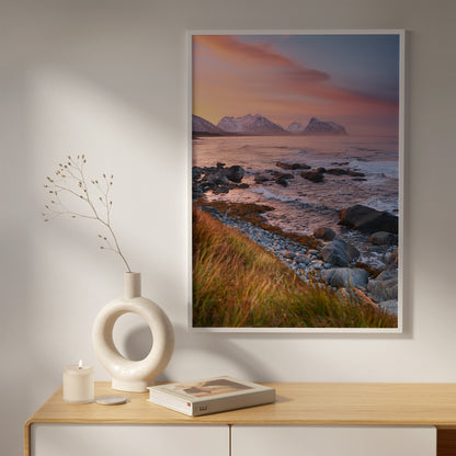 Nordic Coastal Sunset – Pink Sky Seascape, Mountain Ocean Wall Art