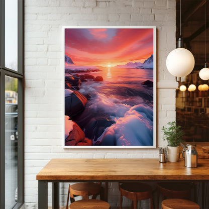 Arctic Sunset Landscape - Pink & Orange Nordic Coastal Wall Art