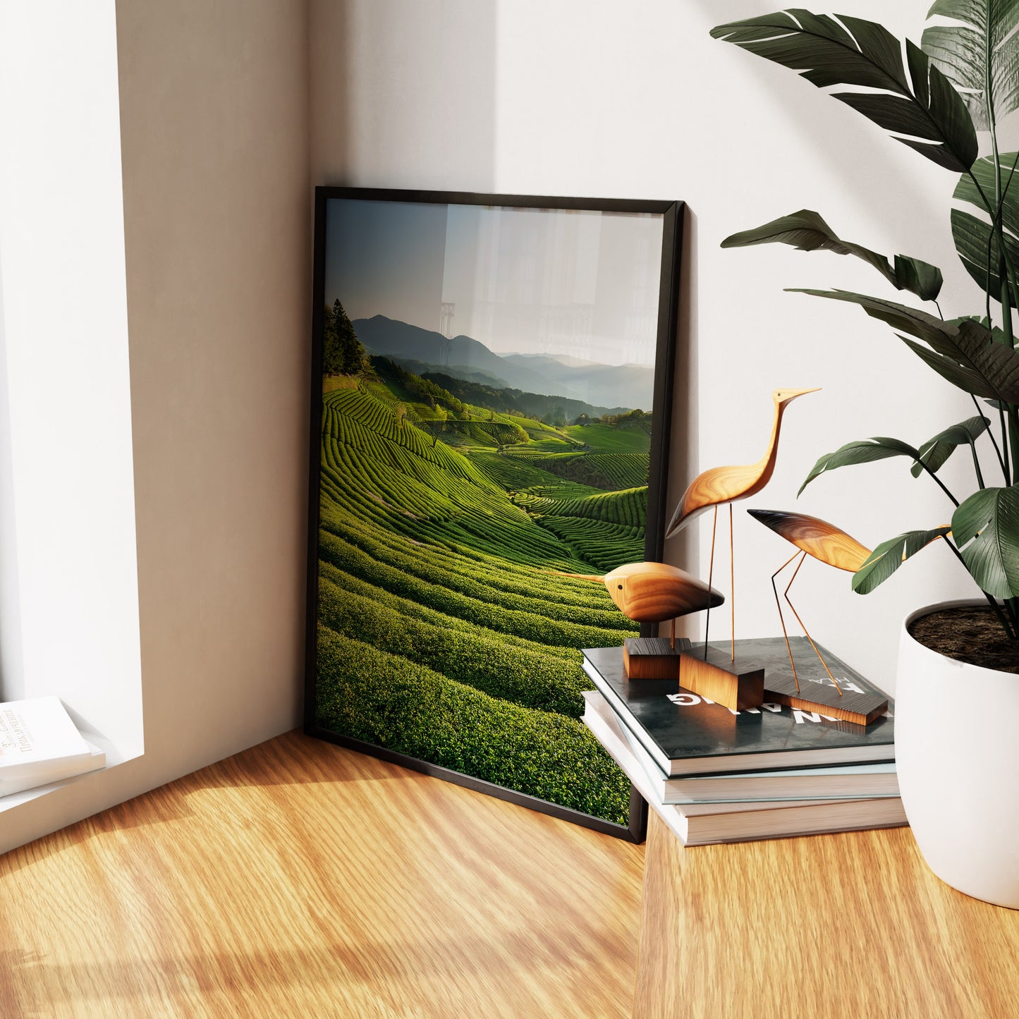 Japanese Tea Field Terraces – Green Minimal Landscape, Zen Rolling Hills