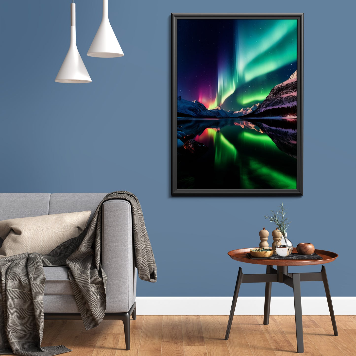 Nordische Aurora Borealis – Nordlichter über schneebedeckten Bergen Wandkunst