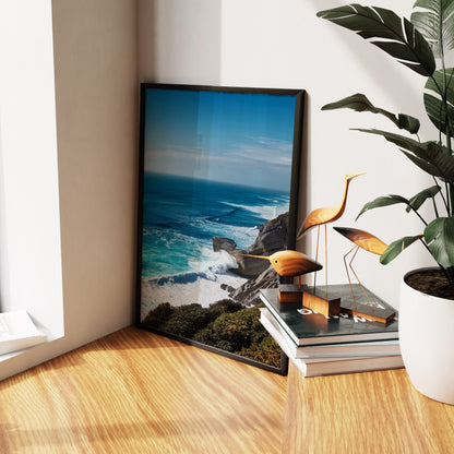 Coastal Cliff Ocean Blue Seascape Wall Art, Turquoise Waves & Rugged Shore