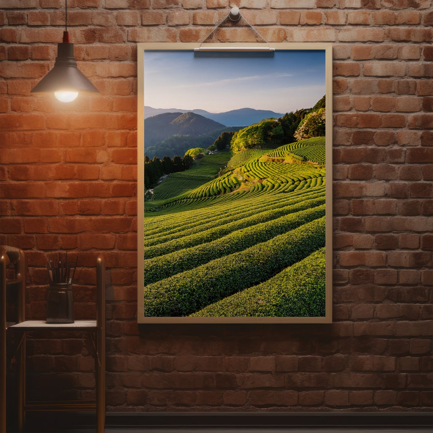 Japanese Tea Field Terraces – Green Minimal Landscape, Zen Rolling Hills