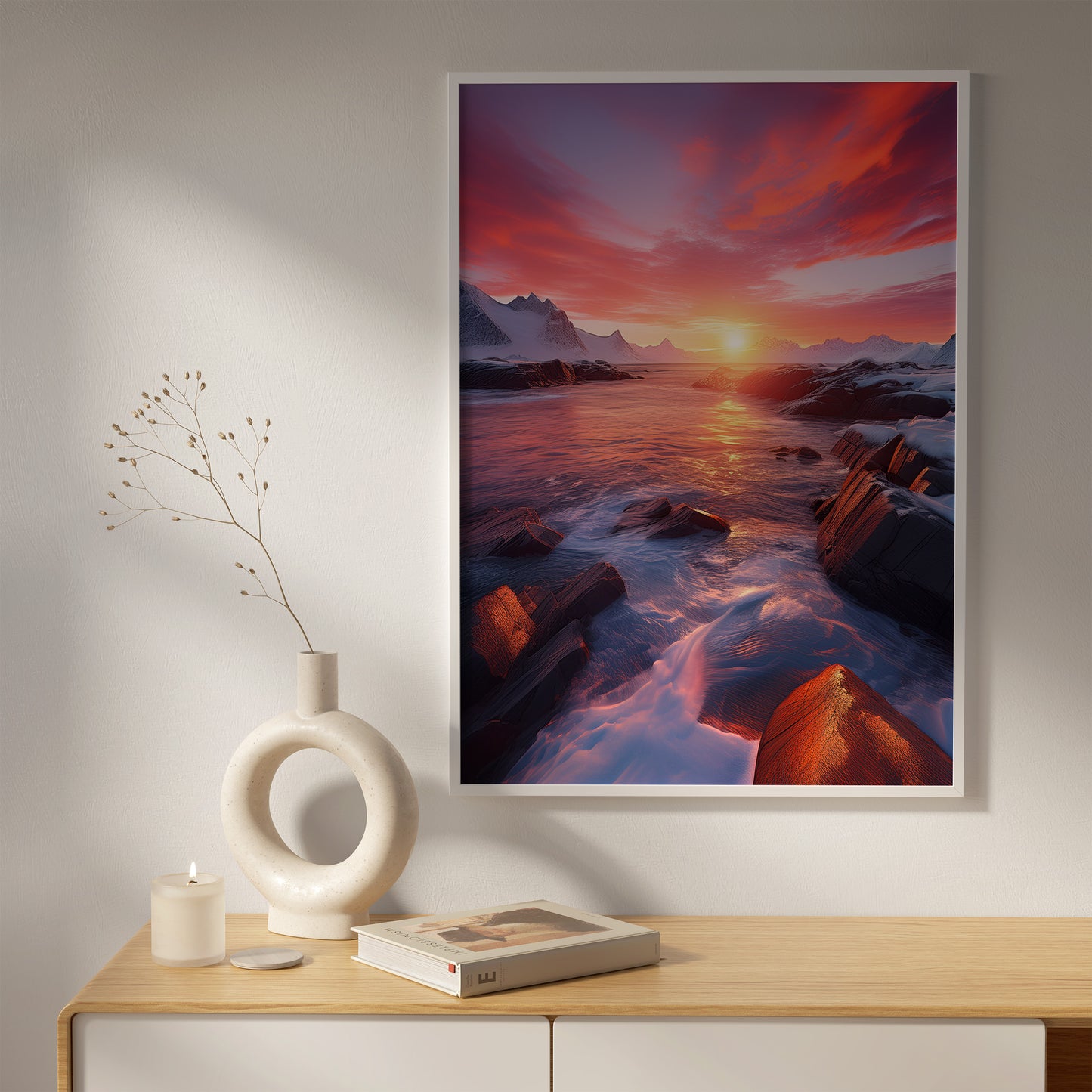 Arctic Sunset Landscape - Pink & Orange Nordic Coastal Wall Art