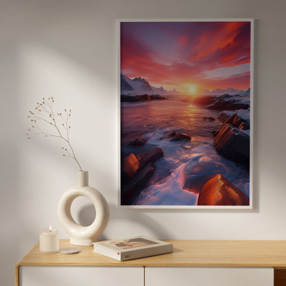 Arctic Sunset Landscape - Pink & Orange Nordic Coastal Wall Art