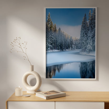 Nordic Winter Forest - Blue Minimal Snowy Lake Wall Art