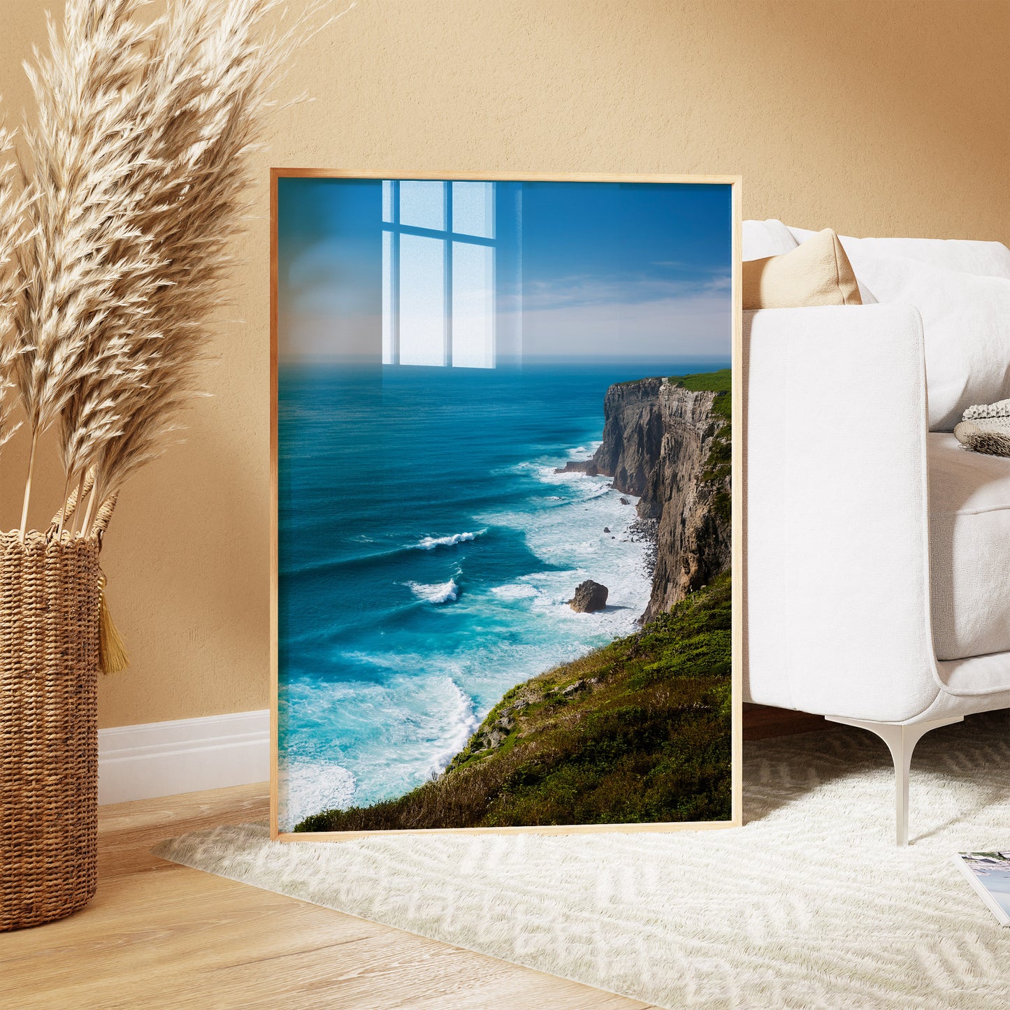Coastal Cliff Ocean Blue Seascape Wall Art, Turquoise Waves & Rugged Shore