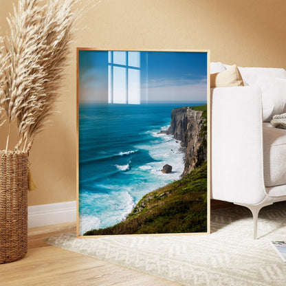 Coastal Cliff Ocean Blue Seascape Wall Art, Turquoise Waves & Rugged Shore