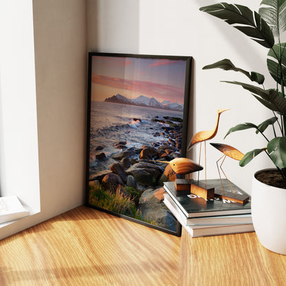 Nordic Coastal Sunset – Pink Sky Seascape, Mountain Ocean Wall Art