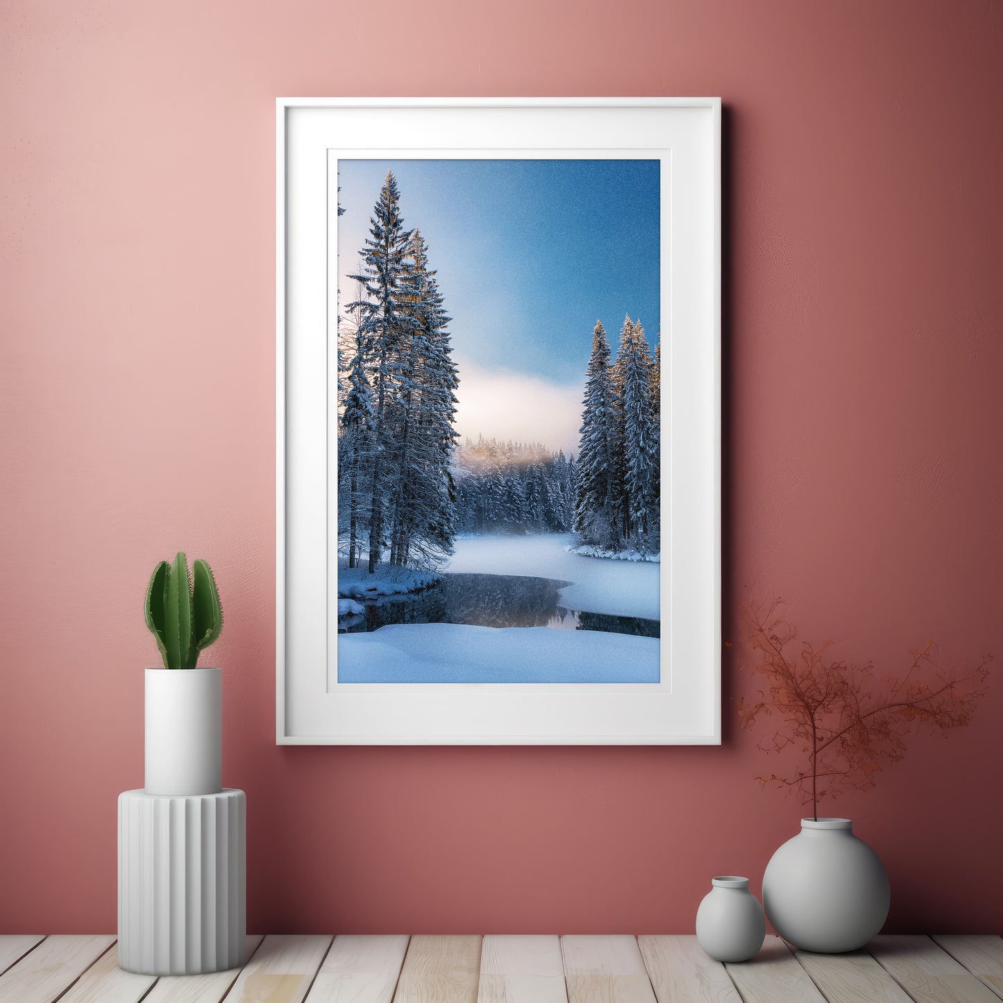 Nordic Winter Forest - Blue Minimal Snowy Lake Wall Art
