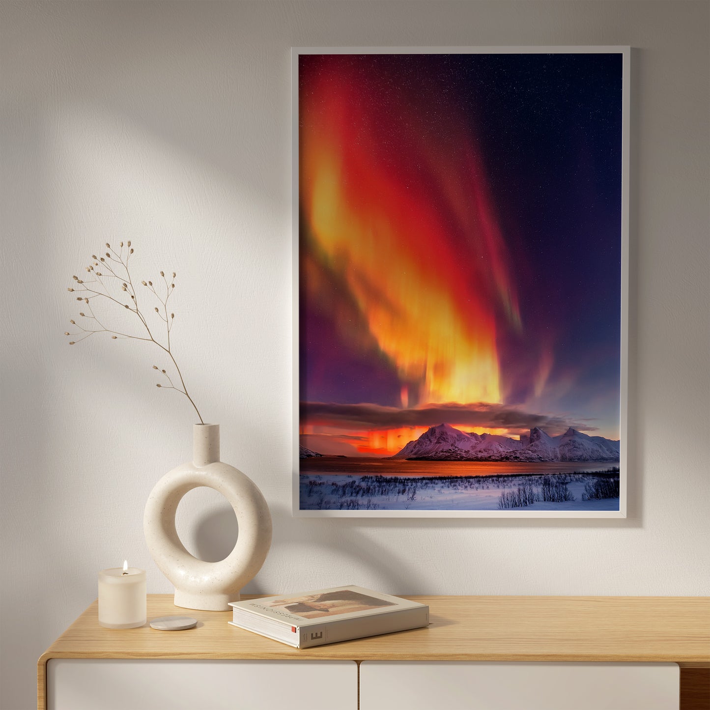Nordlichter Wandkunst-Set – Roter Aurora-Nachthimmel