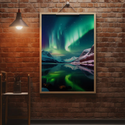Nordische Aurora Borealis – Nordlichter über schneebedeckten Bergen Wandkunst