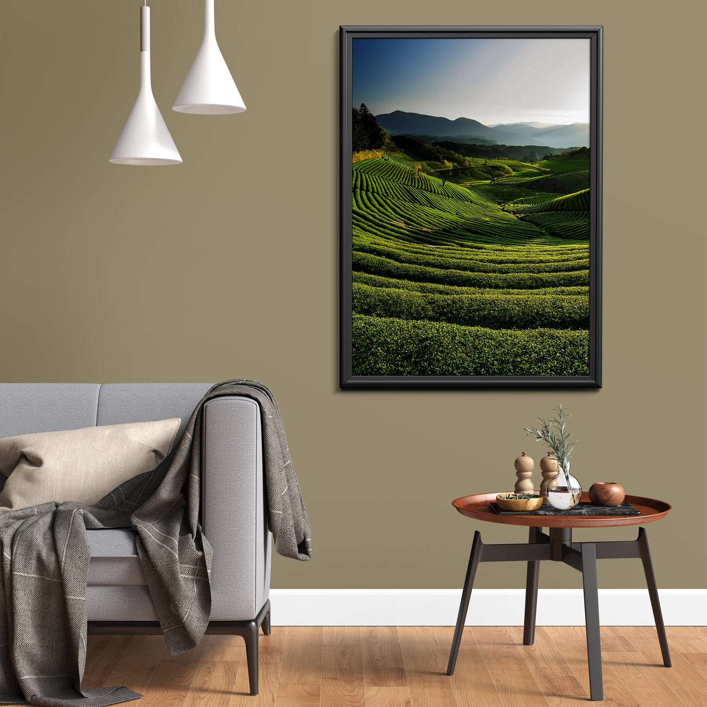 Japanese Tea Field Terraces – Green Minimal Landscape, Zen Rolling Hills