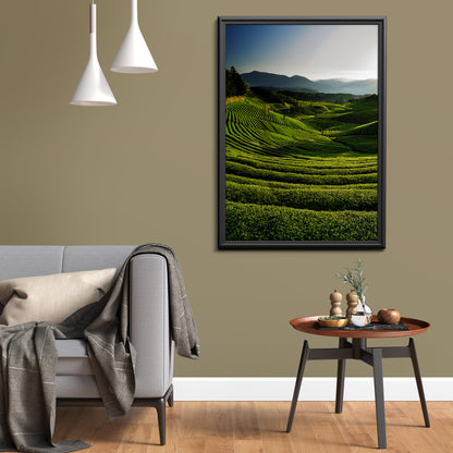 Japanese Tea Field Terraces – Green Minimal Landscape, Zen Rolling Hills