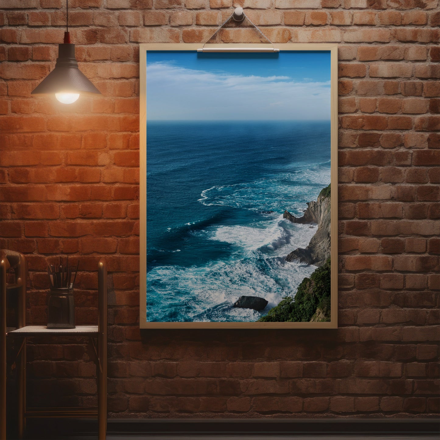 Coastal Cliff Ocean Blue Seascape Wall Art, Turquoise Waves & Rugged Shore