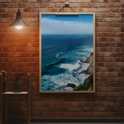Coastal Cliff Ocean Blue Seascape Wall Art, Turquoise Waves & Rugged Shore