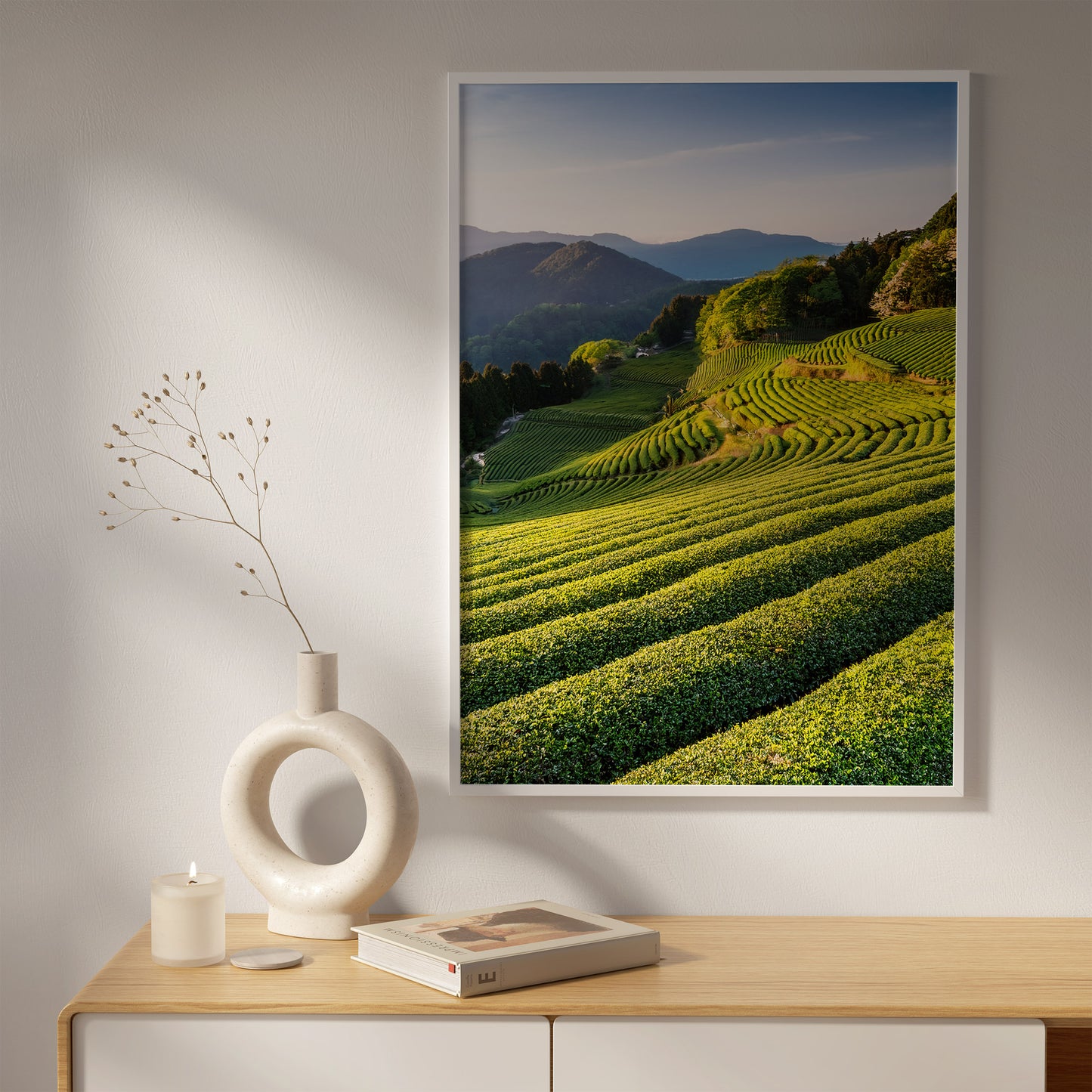 Japanese Tea Field Terraces – Green Minimal Landscape, Zen Rolling Hills