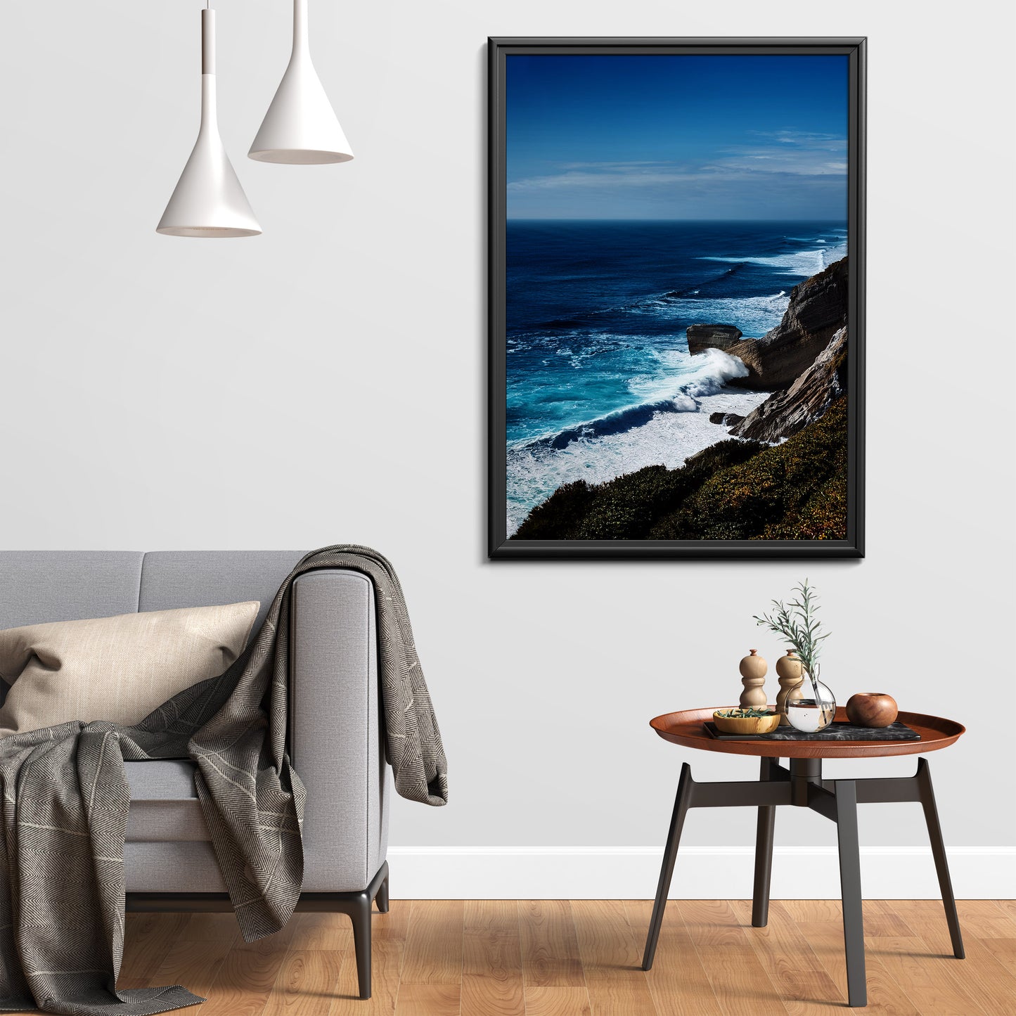 Coastal Cliff Ocean Blue Seascape Wall Art, Turquoise Waves & Rugged Shore