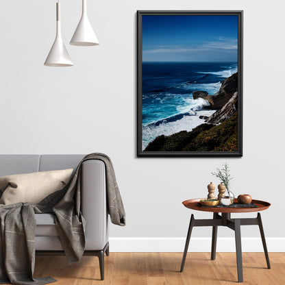 Coastal Cliff Ocean Blue Seascape Wall Art, Turquoise Waves & Rugged Shore