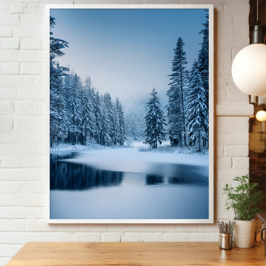 Nordischer Winterwald - Blaue minimalistische Wandkunst mit verschneitem See
