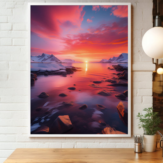 Arctic Sunset Landscape - Pink & Orange Nordic Coastal Wall Art