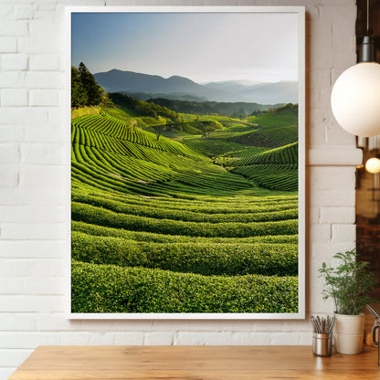 Japanese Tea Field Terraces – Green Minimal Landscape, Zen Rolling Hills