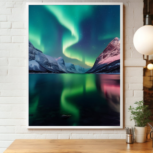 Nordische Aurora Borealis – Nordlichter über schneebedeckten Bergen Wandkunst