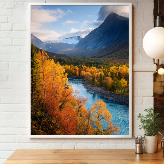Norwegen Herbstfluss – Goldener Herbst, Blauer Fluss Wandkunst