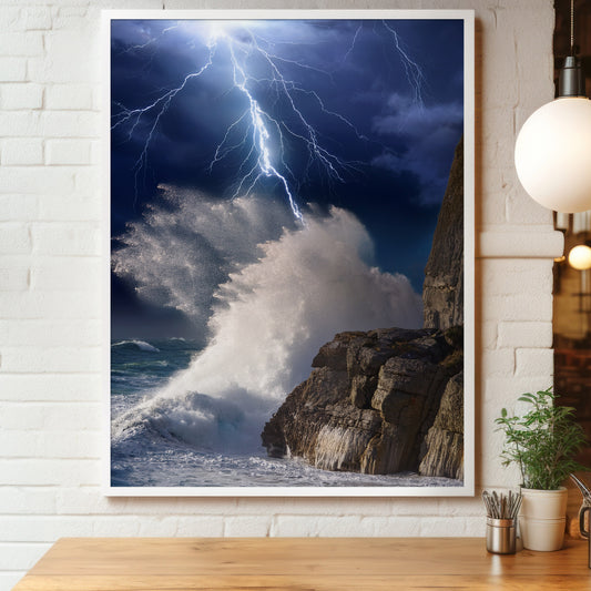 Stormy Ocean Wall Art Set - Lightning Cliffs & Waves