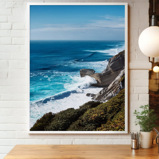 Coastal Cliff Ocean Blue Seascape Wall Art, Turquoise Waves & Rugged Shore