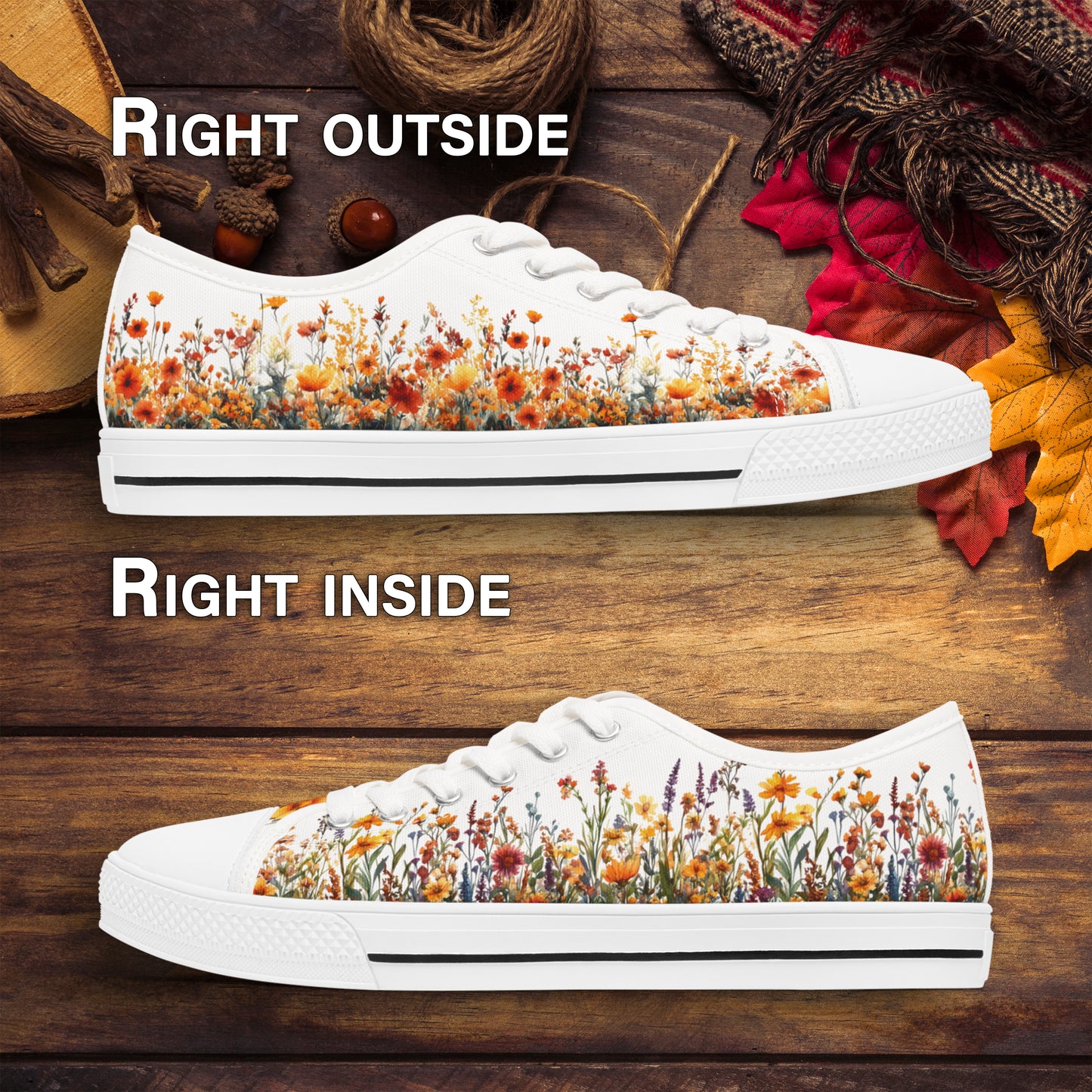 Autumn Flowers Womens Low Top Sneakers - Fall Floral Canvas Shoes with Memory Foam Insole, Botanical Print, Comfortable Casual Gift for Her