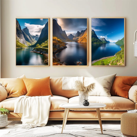 Norway Fjords Wall Art Set - Minimal Blue Landscape Prints